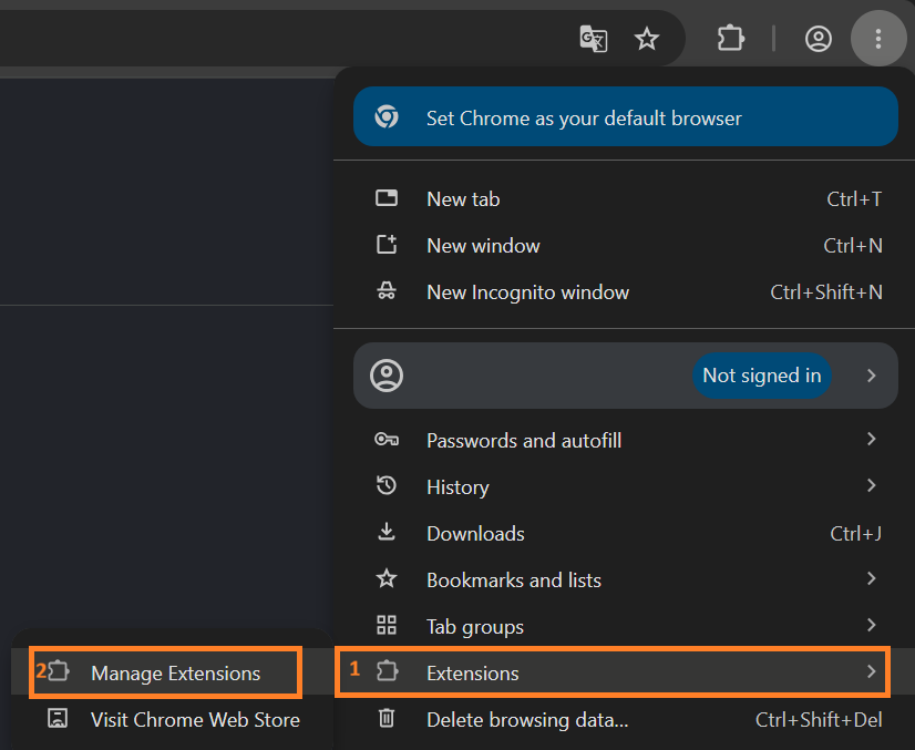 Chrome menu: «Extensions» marked 1, «Manage Extensions» in the submenu marked 2