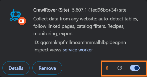 The CrawlRover card in the extensions list with the switch on its right turned on