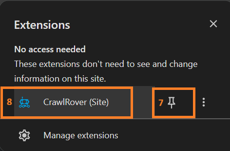 Extensions menu: the pin next to CrawlRover marked 7 and the extension row itself marked 8