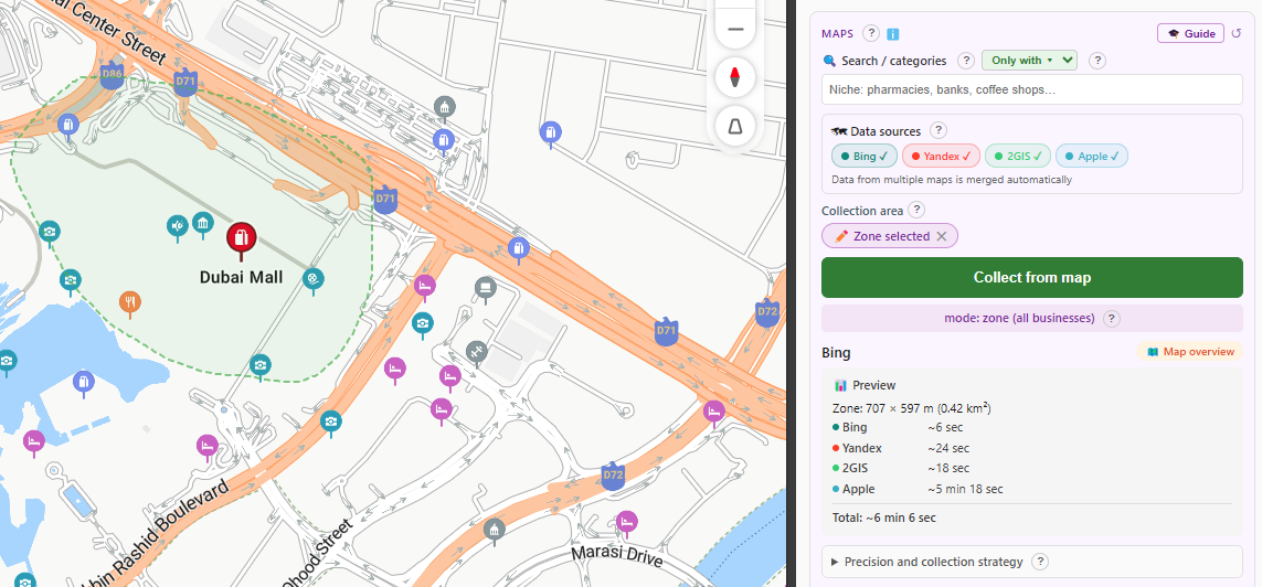 Cross-map: collecting from four maps at once, zone on the map, a preview with per-map time estimate