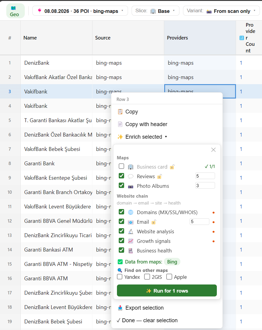 Table view: enriching selected rows — choosing slots and maps