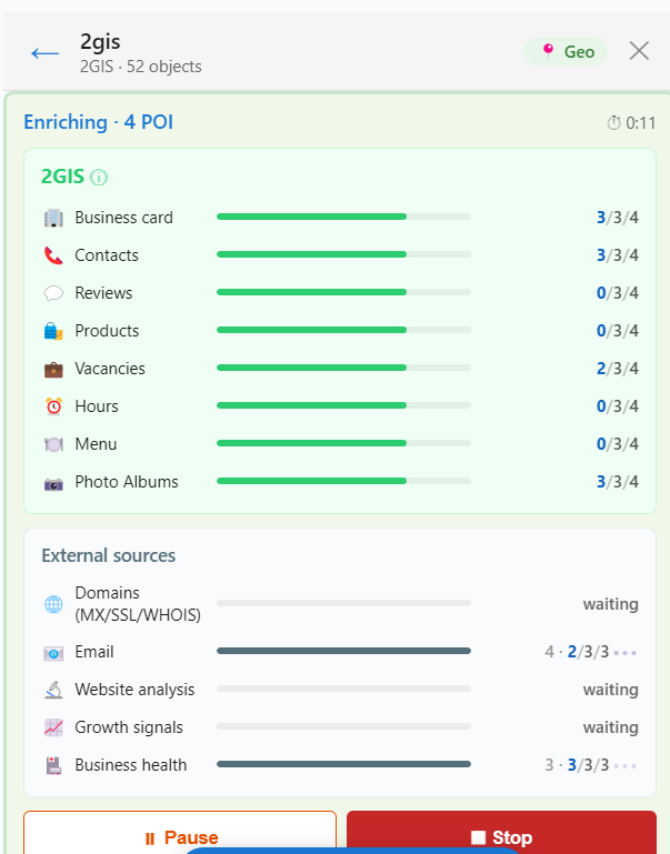 Enrichment in progress: a per-slot progress bar with pause and stop buttons