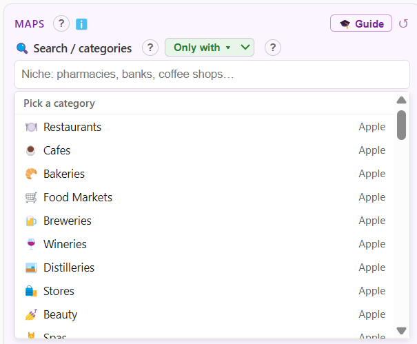 The search/categories field with a dropdown of the map's built-in categories