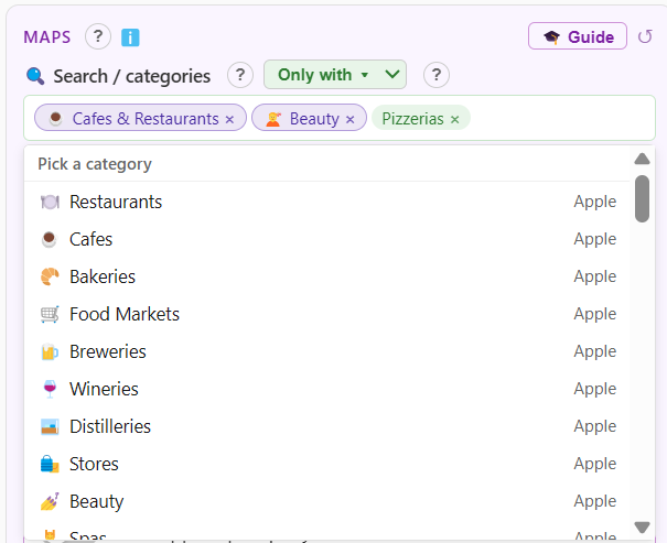 The search queue as chips: built-in categories and custom keywords in one field