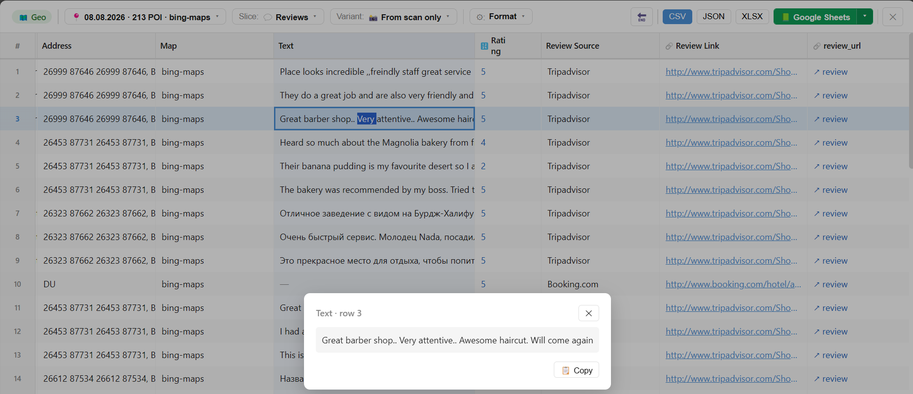 The Reviews slice in the table: organization, text, rating, date and source link