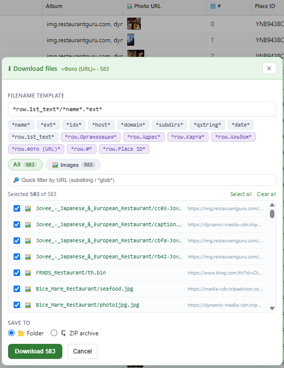 The file-download dialog: a name template from tags, type filters, folder or ZIP