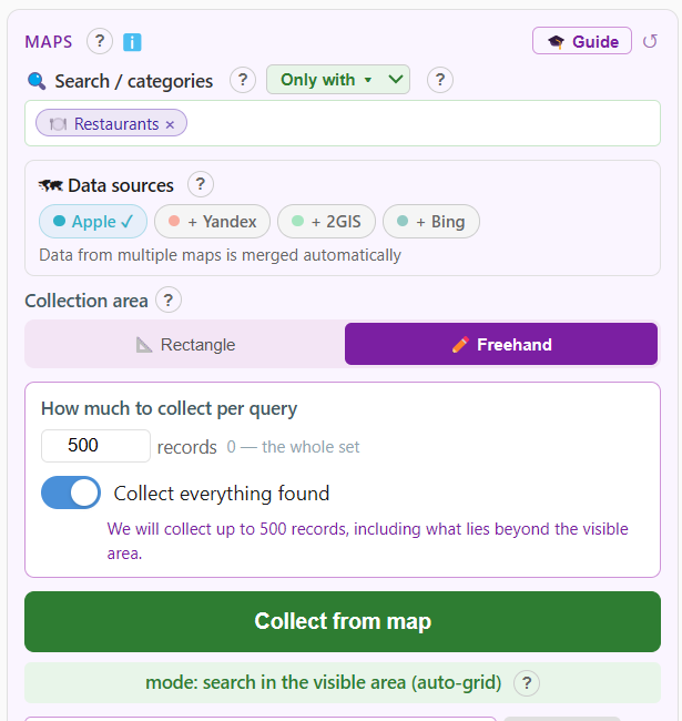 CrawlRover panel: visible-area search mode (auto-grid) — query, sources and volume