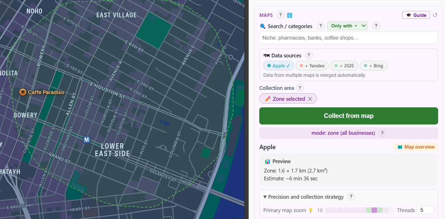 CrawlRover panel in zone (all organizations) mode with a zone on the map
