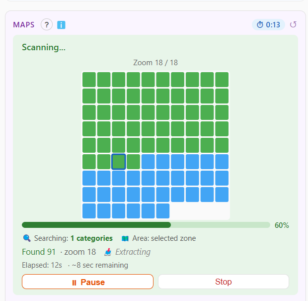 Auto-grid scanning: a grid of cells with progress and found-item counters