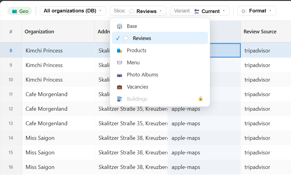 Table slices: base fields, reviews, products, menu, photo albums, vacancies, buildings