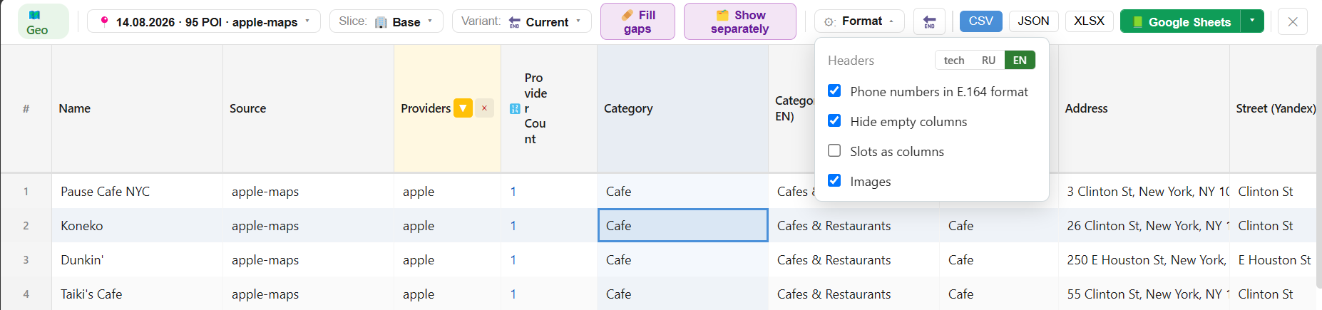 Export format settings: tech/RU/EN headers, E.164 phones, hiding empty columns